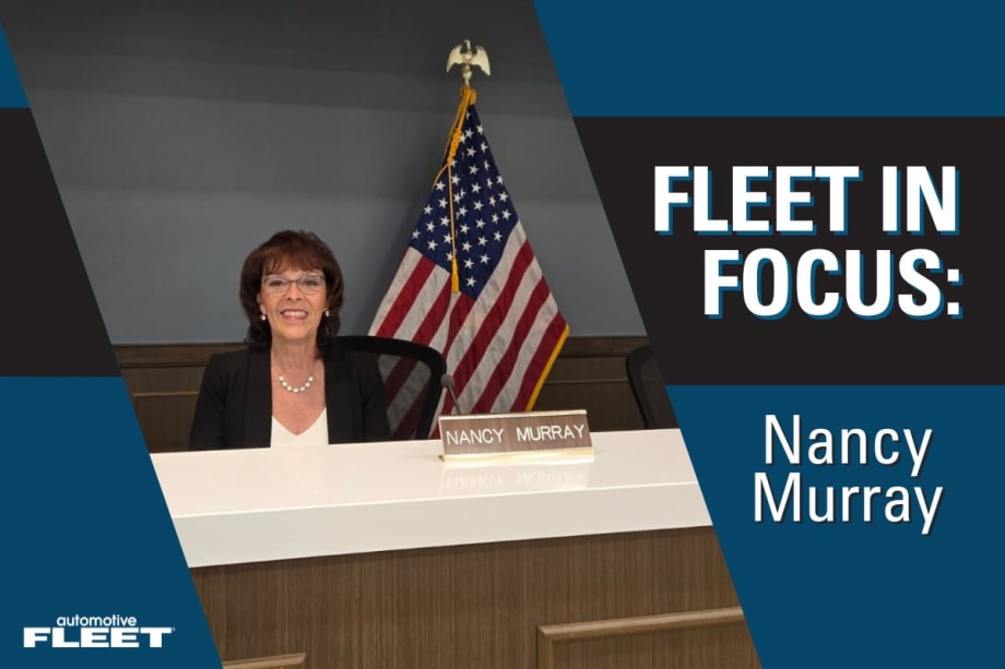 A blue Fleet in Focus graphic with Nancy Murray sitting behind a desk, smiling at the camera.