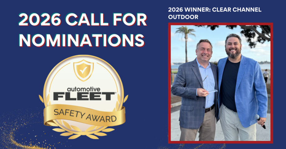 **Caption:** The 2025 Fleet Safety Award winner, Clear Channel Outdoor, is recognized for advancing driver safety through leadership, innovation, and a strong commitment to fleet risk management.  **Google Alt Text (200 characters or less):** Two representatives from Clear Channel Outdoor pose with an award after being named the 2025 Fleet Safety Award winner for excellence in fleet safety leadership and innovation.