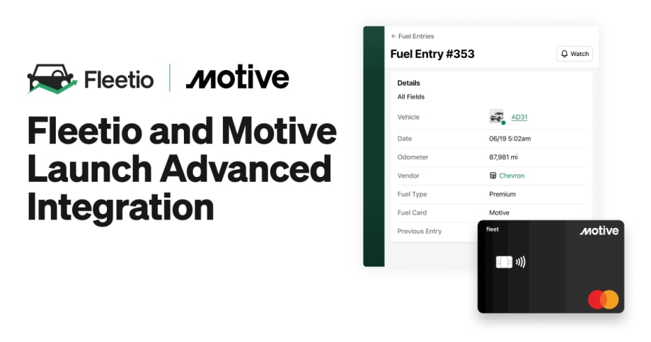 Promotional graphic announcing Fleetio and Motive’s advanced integration. The image shows both company logos, text that reads ‘Fleetio and Motive Launch Advanced Integration.'