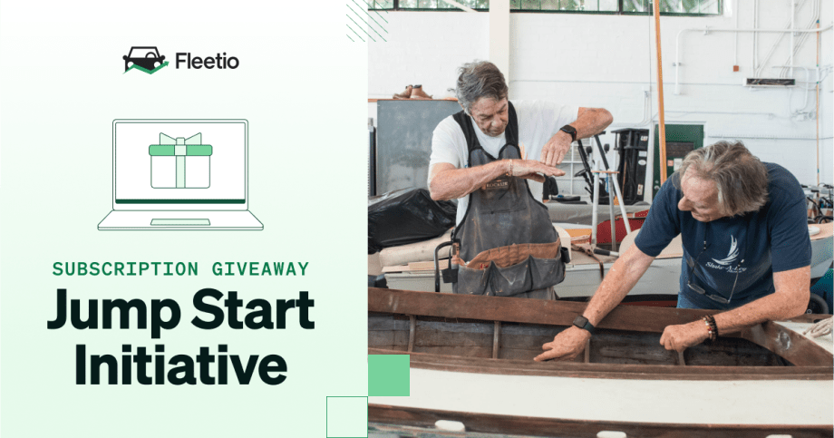 Two men working together on a wooden boat inside a workshop, alongside text for Fleetio’s Jump Start Initiative subscription giveaway