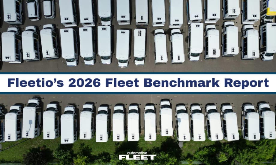 A white fleet of vans are parked across from each other with text in between them in the center of the page.