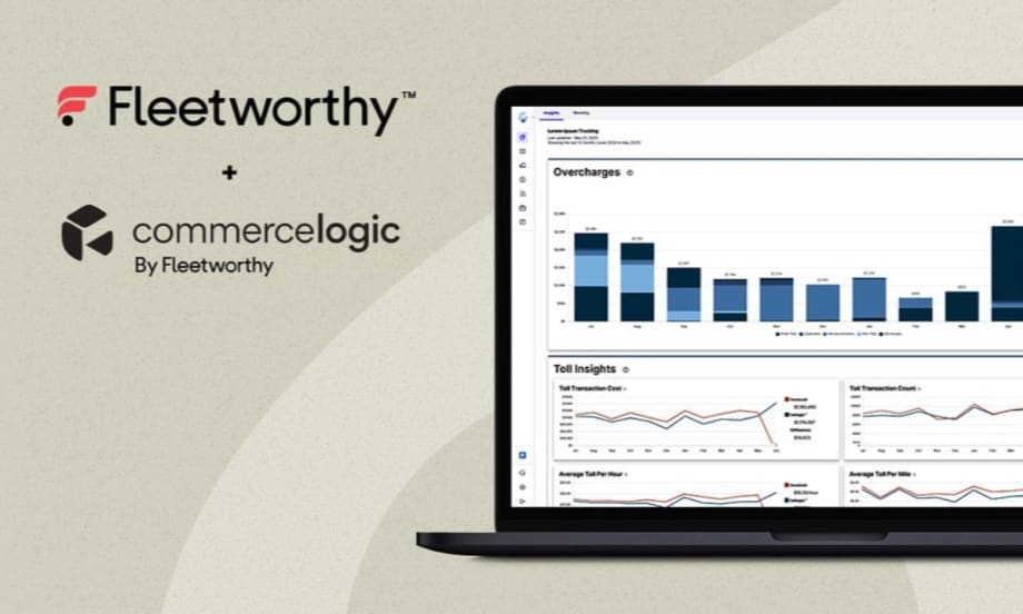 Fleetworthy and Commercelogic by Fleetworthy logos on the left, alongside a laptop displaying fleet management dashboard charts including overcharges, toll insights, and transaction data visualization