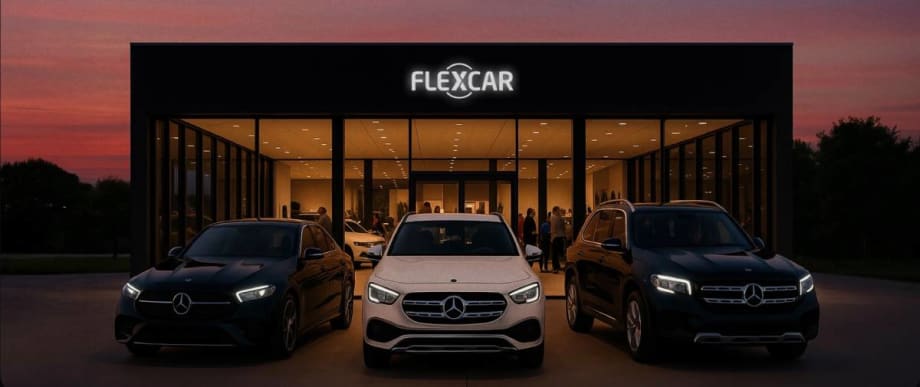 Three Mercedes-Benz luxury models lined up in front of modern glass-paned showroom.