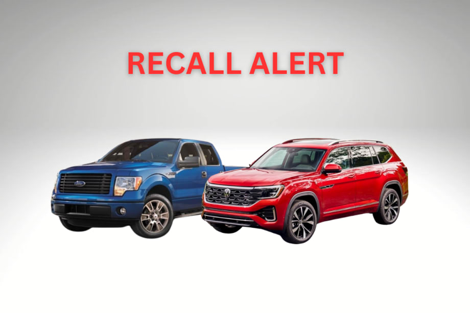 A blue 2014 Ford F-150 is situated next to a red 2024 Volkswagen Atlas.