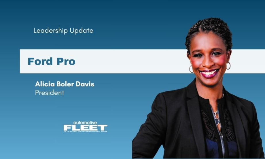 A blue graphic acts as a background for a headshot of Alicia Davis, Ford Pro's new president. The phrase "Leadership Update" sits above her name.