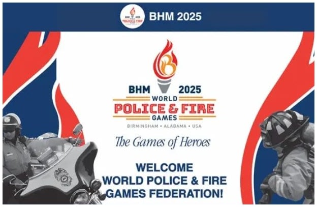 BHM 2025 World Police & Fire Games logo with flame symbol