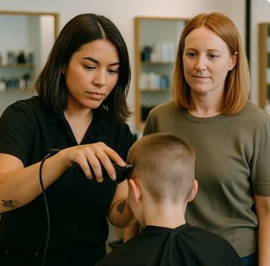 A stylist cutting a child's hair while an adult is watching.