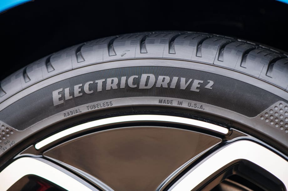A close-up of Goodyear's newest tire offering for EVs has the words ElectricDrive 2 on the outside of the tire.
