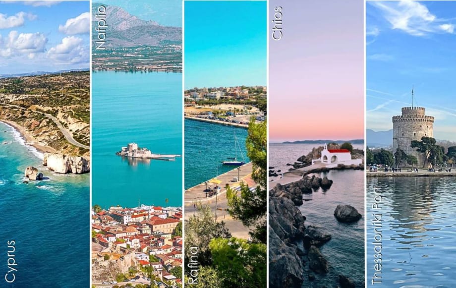Vertical photo collage of five scenic coastal locations in Greece.