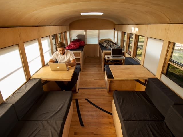 Architecture student turns school bus into living space