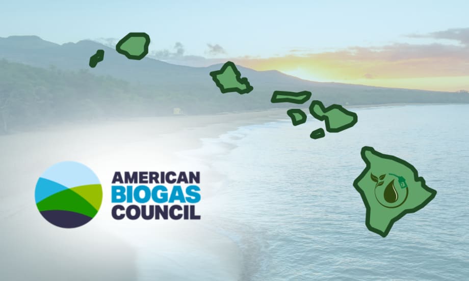 Graphic of the Hawaiian Islands with the American Biogas Council logo highlighting Hawaii’s new clean fuel legislation supporting renewable natural gas and biogas energy projects.