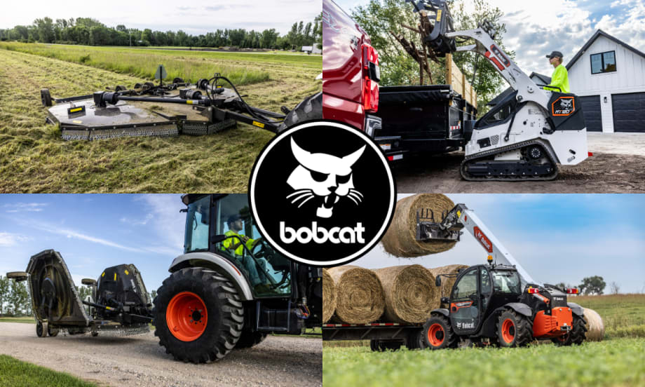 Collage of Bobcat equipment using multiple attachments across agricultural and jobsite settings.