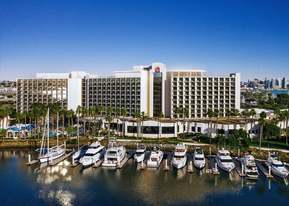 hotel in San Diego with marina in front.