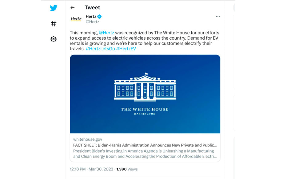White House Lauds Hertz Electrification Strategy