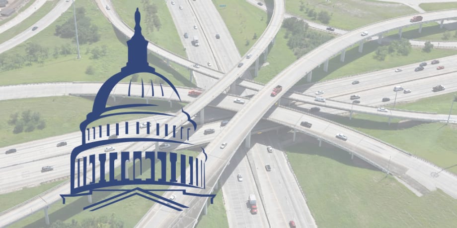 U.S. Capitol Building graphic superimposed on highway interchange