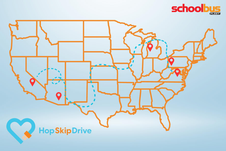 A map of the contiguous U.S. shows five pinpoints representing the five new markets HopSkipDrive will serve, connected by blue dashes.