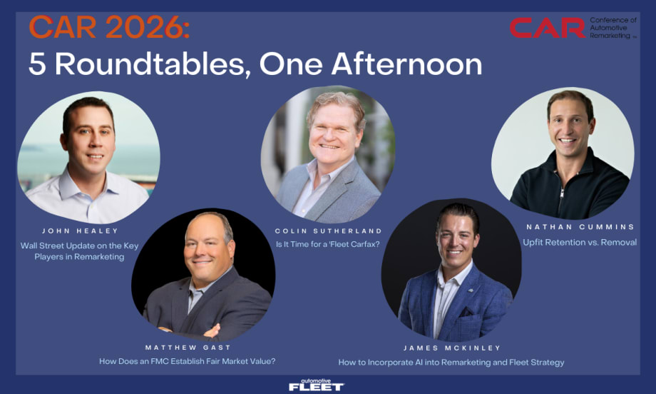 Graphic promoting CAR 2026 roundtables featuring headshots of five speakers and topics including Wall Street trends, fleet data, upfits, fair market value, and AI in remarketing.
