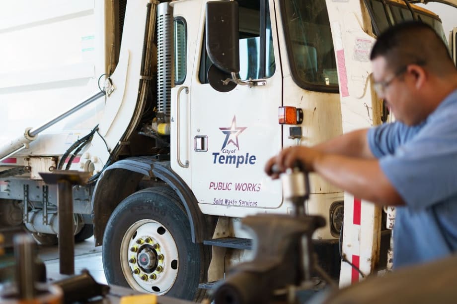 City of Temple public works truck in a maintenance facility as the city implements a telematics system to improve fleet efficiency, safety and vehicle performance monitoring.