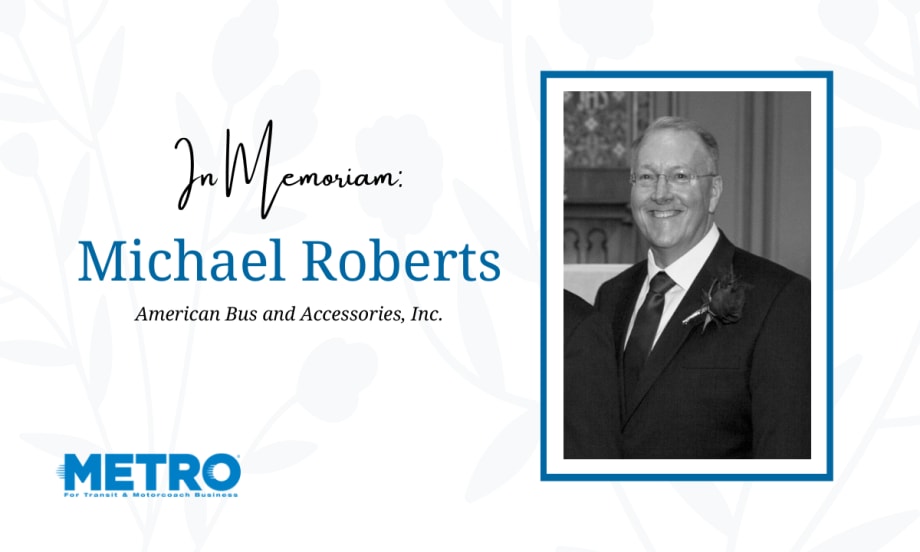 a black and white photo of michael roberts against a white flowery background with text that says "In memoriam Michael Roberts" and the metro logo