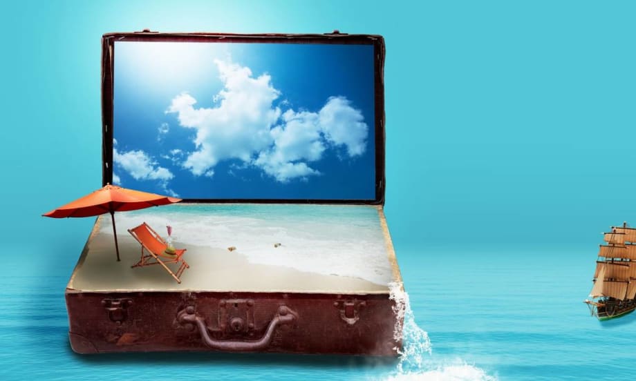 Illustration of a suitcase laptop floating on a sea with a beach chair and orange umbrella on top of it.