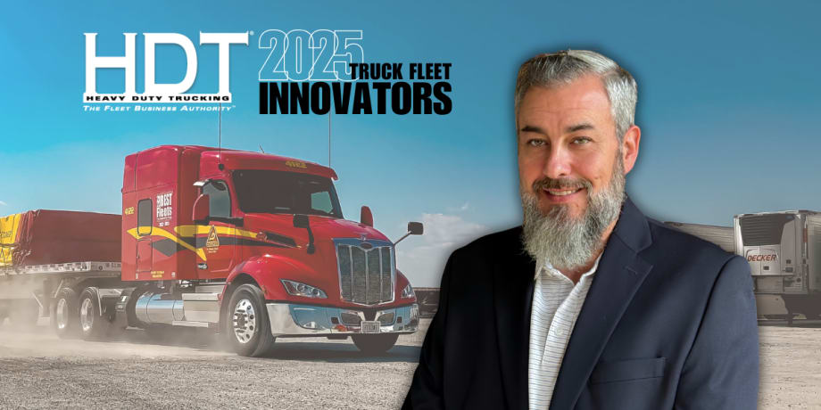 Illustration of HDT Truck Fleet Innovator Brent Ellis with a Decker truck in the background.