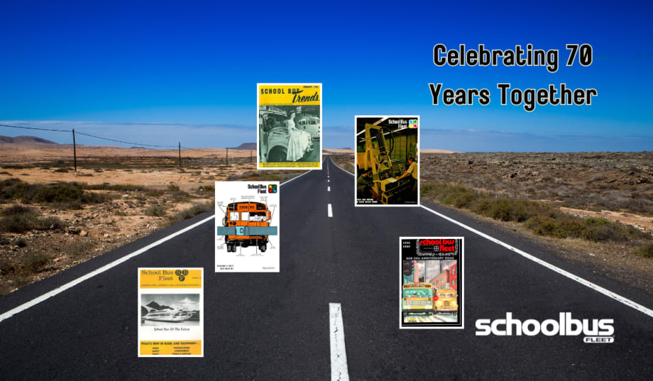 a photo of a desert road with old school bus fleet magazine covers on top and text that says "celebrating 70 years together."