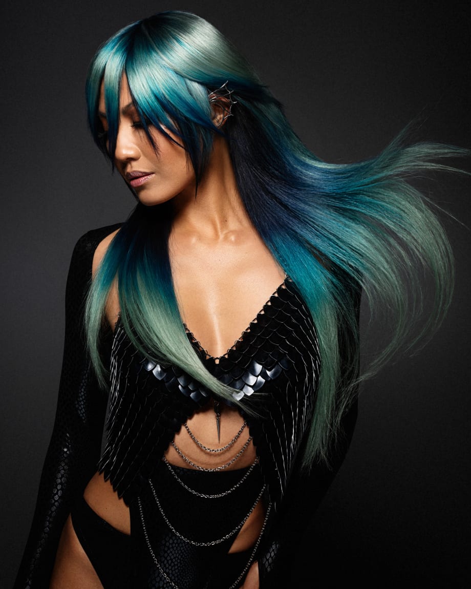 A woman with Blue hair.