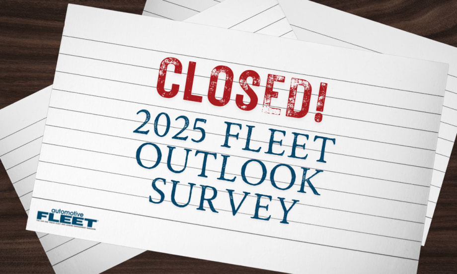 A graphic with pieces of paper on a table with text reading "Closed! 2025 Fleet Outlook Survey".