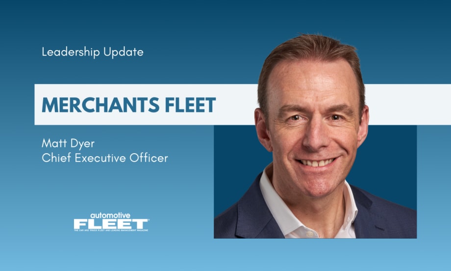A blue and white graphic detailing Merchants Fleet's new CEO, Matt Dyer, with a business portrait of the new hire.