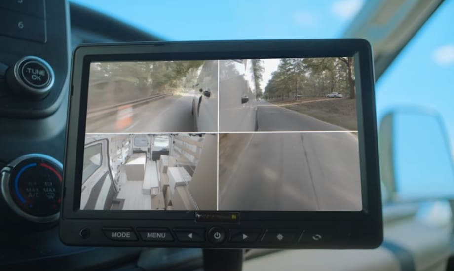 Monitor part of the Extended View Cameras showing multiple views around and inside a fleet vehicle.