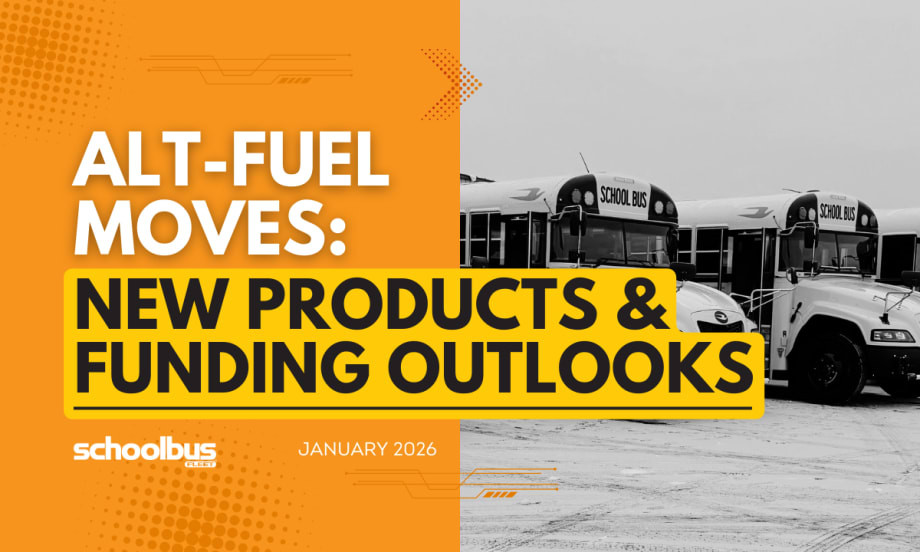 An orgnge, white, and black graphic with a black and white image ofpropane school buses.