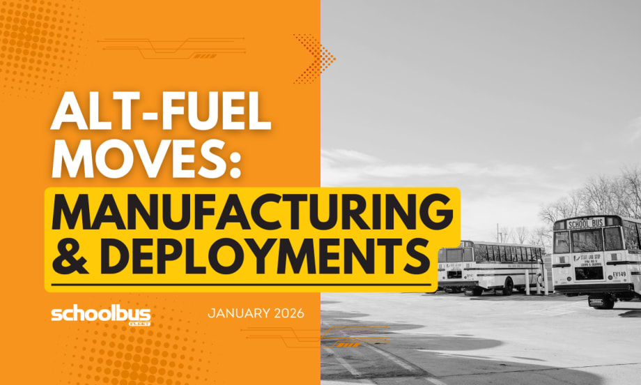 An orgnge, white, and black graphic with a black and white image of electric school buses.