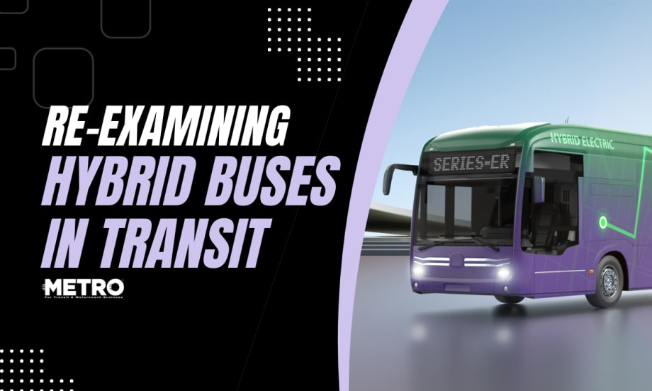A black, white, and light purple graphic with an image of a BAE Systems hybrid electric bus and text reading "Re-Examining Hybrid Buses in Transit."