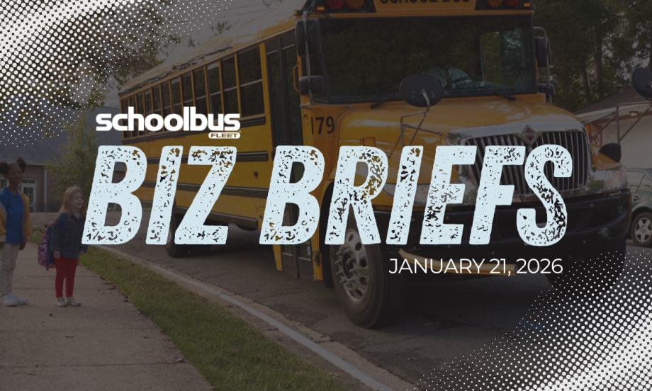 Two young students wait at a bus top while a school bus drives up with text reading "Biz Briefs."