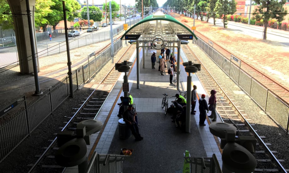 A overhead view of an LA Metro rail station platform.
