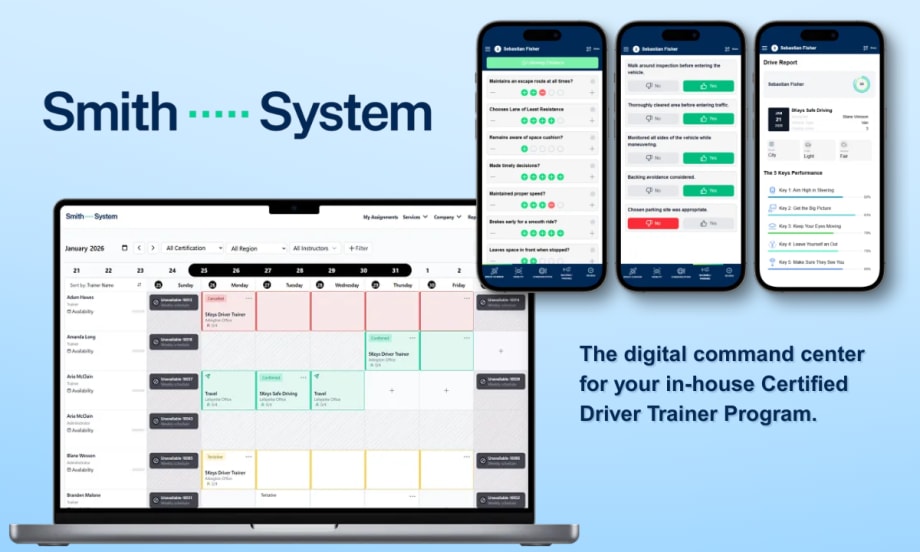 A blue graphic with lap top and phone iterations of Smith System's Trainer Center.