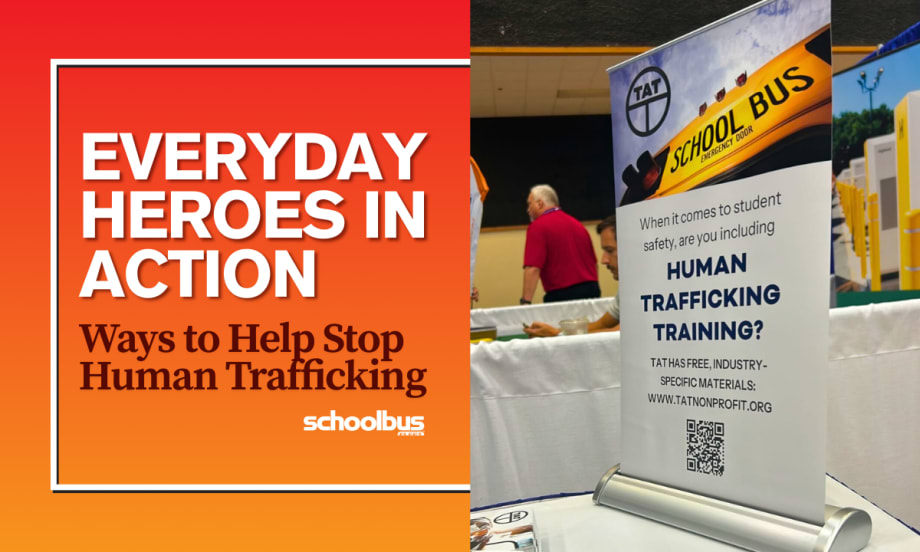 An orange and red graphic with a photo of a TAT School Transportation Poster.