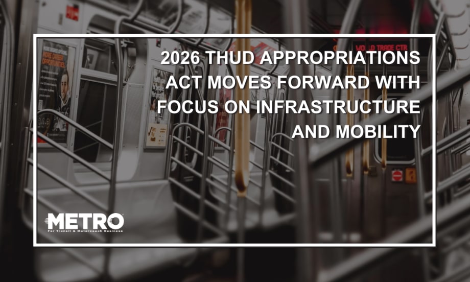 Inside of an empty subway care with text reading "2026 THUD Appropriations Act Moves Forward with Focus on Infrastructure and Mobility."