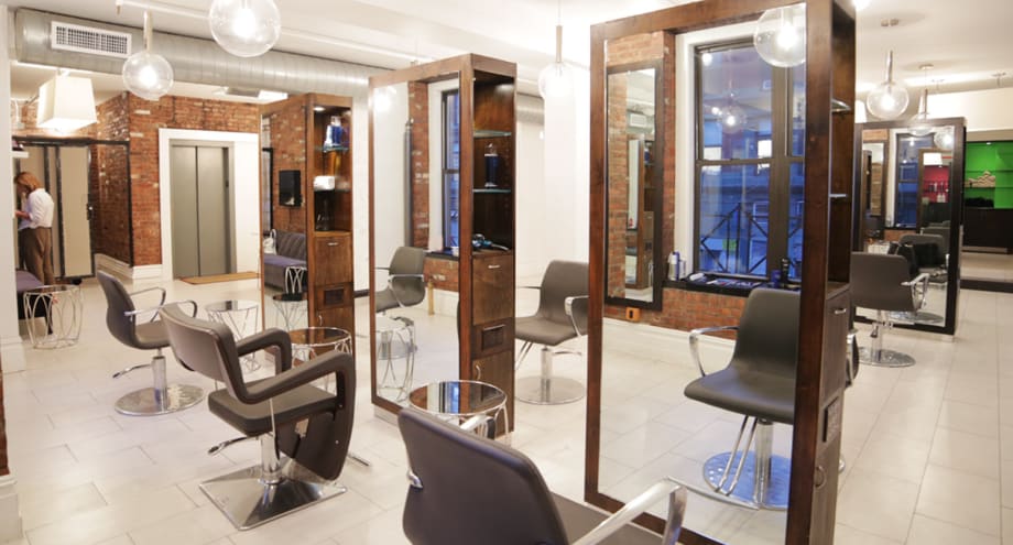 A row of styling stations at JBW Jeffrey Ching Salon