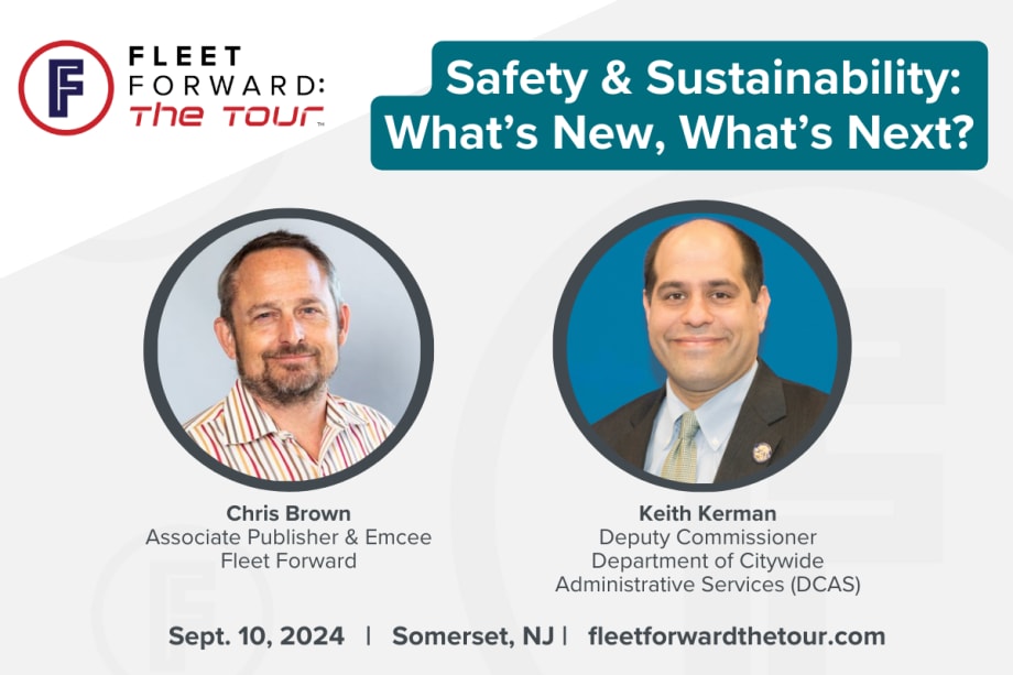 A white graphic with professional portraits of two hosts for Fleet Forward: the Tour.