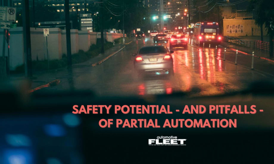 View of a city street at night with text that reads "Does Partial Automation Have Safety Benefits?"