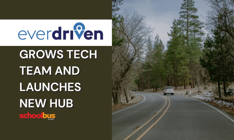 Image of a car driving on a paved forest road with text on the left reading "EverDriven grows tech team and launches new hub."