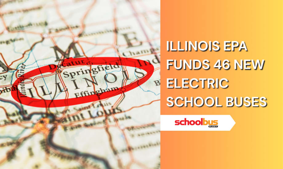 Illinois circled with red marker on a map with text reading, "Illinois EPA funds 46 news electric school buses."