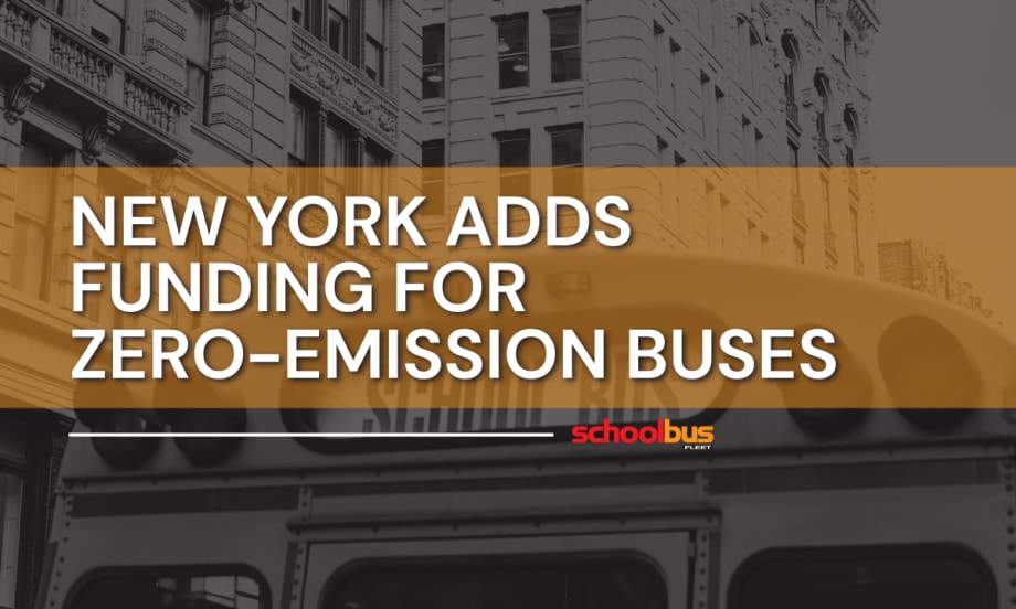 Black and white image of the back of a school bus in a city with text reading "New York Adds Funding for Zero-Emission Buses".