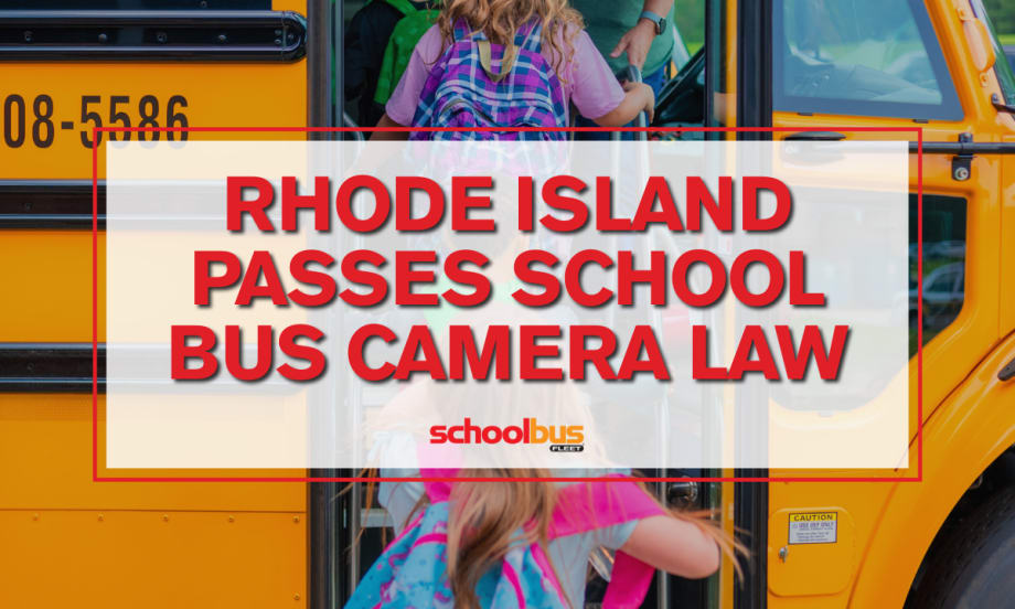Children boarding a school bus with text reading "Rhode Island Passes School Bus Camera Law."