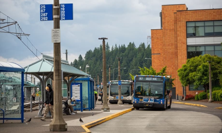 TriMet bus stations near a road.