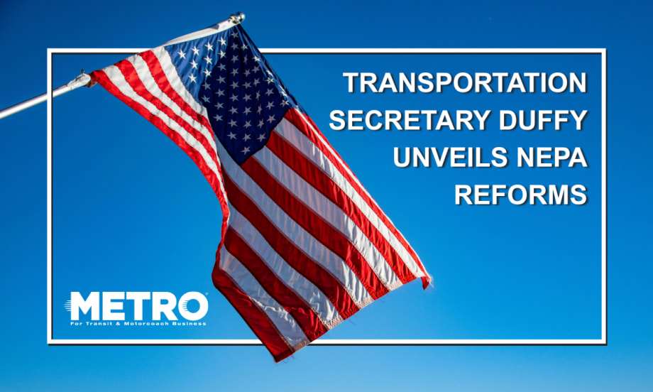 An American flag on a blue, cloudless sky with text reading, "Transportation Secretary Duffy Unveils NEPA Reforms".