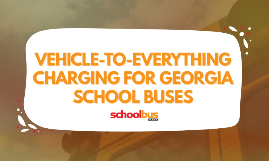 An orange and white graphic with text reading, "Vehicle-to-Everything Charging for Georgia School Buses."
