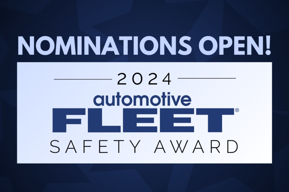 Blue and white graphic announcing open nominations for the 2024 Automotive Fleet Safety Award.