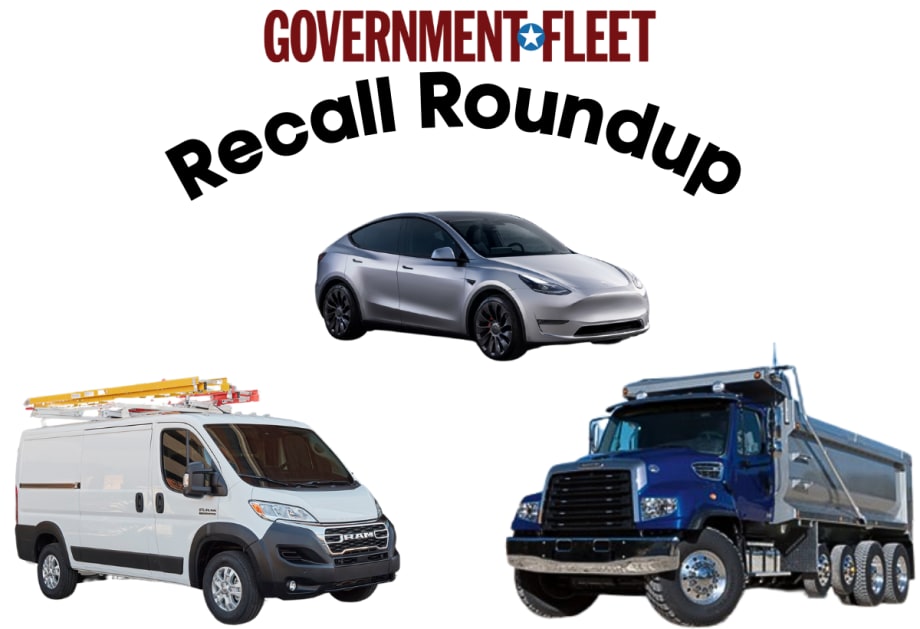 Three vehicles are shown, including a white Ram ProMaster cargo van with a yellow ladder on top, a silver Tesla Model Y, and a blue Freightliner 114SD truck with a dump body on the back.